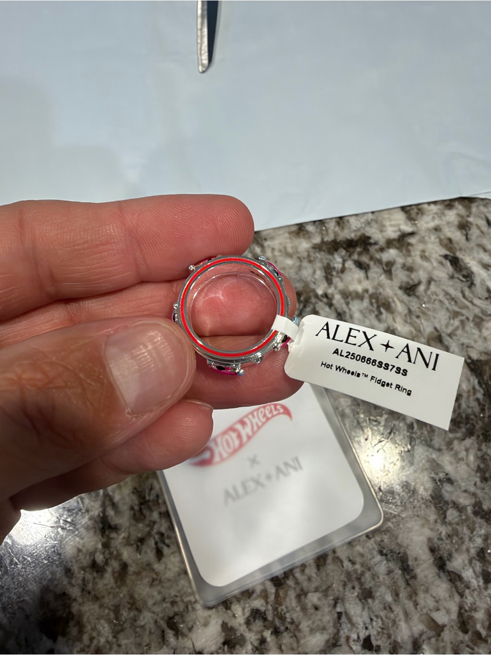 Alex and Ani Hot Wheels Silver spinning Ring with Red Enamel accents